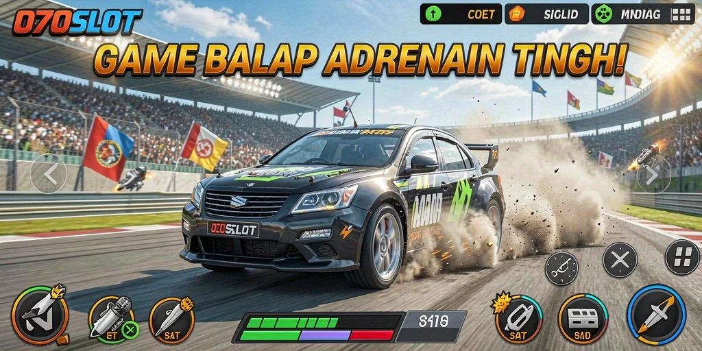 Screenshot 070SLOT menampilkan balapan seru dengan kendaraan cepat.