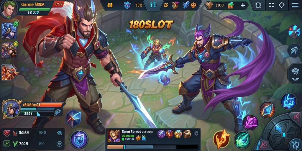 Screenshot gameplay 180SLOT menampilkan pertempuran intens di arena MOBA.