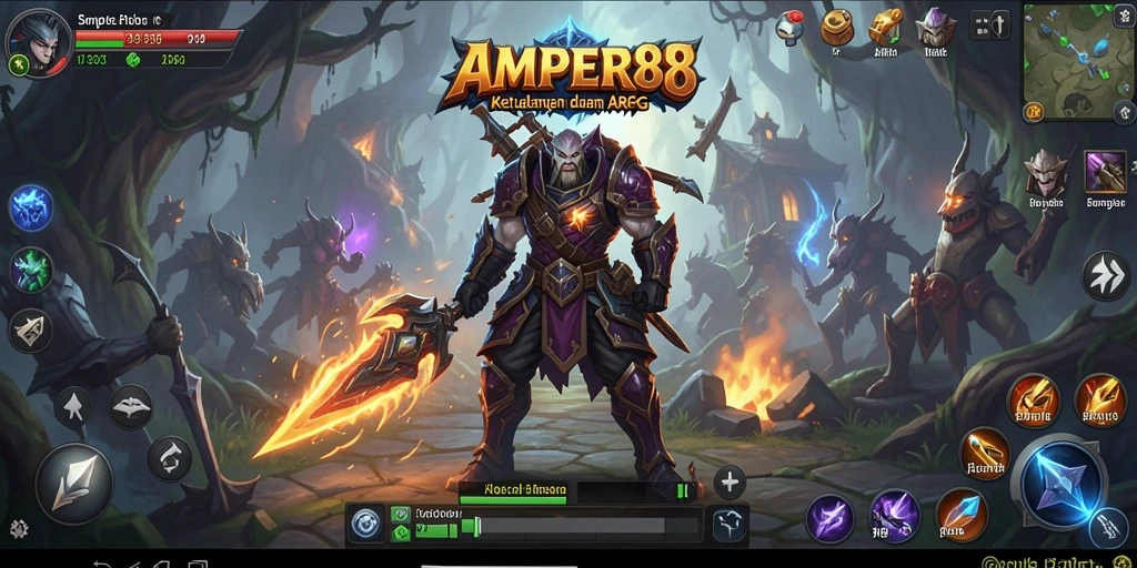 Screenshot gameplay ARPG AMPER88 dengan aksi seru dan karakter unik.