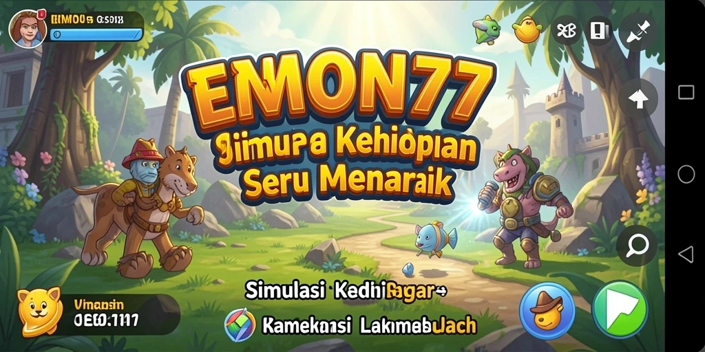 Tampilan gameplay seru dalam EMON77 yang menampilkan interaksi karakter.