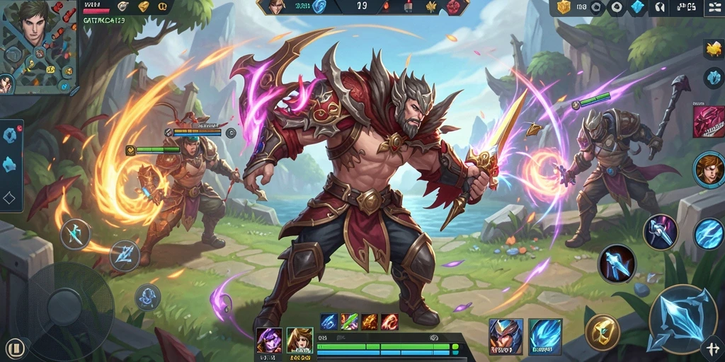 Screenshot utama GATOTKACA123 menunjukkan pertarungan epik di arena MOBA.