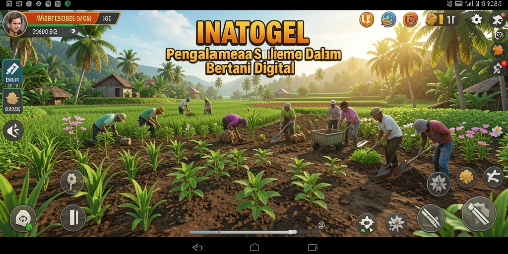 Tampilan screenshot utama INATOGEL menampilkan kebun yang subur dan aktivitas bertani.