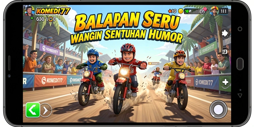 Screenshot gameplay Racing KOMEDI77 dengan karakter lucu dan trek balapan yang menantang.