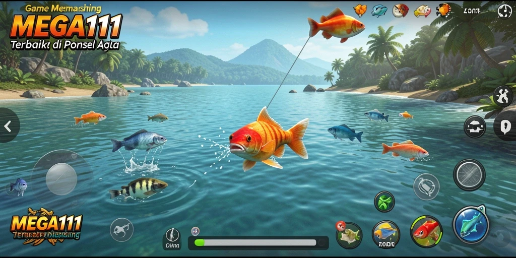 Tampilan gameplay MEGA111 yang menarik saat memancing di lokasi eksotis.