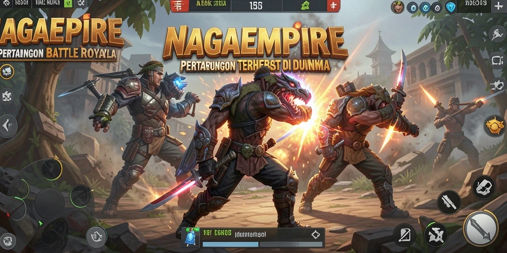 Screenshot gameplay NAGAEMPIRE menunjukkan aksi seru dalam pertempuran Battle Royale.