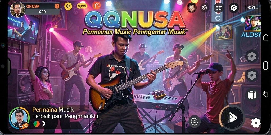 Tampilan gameplay QQNUSA dengan pengguna bernyanyi dan menikmati musik.