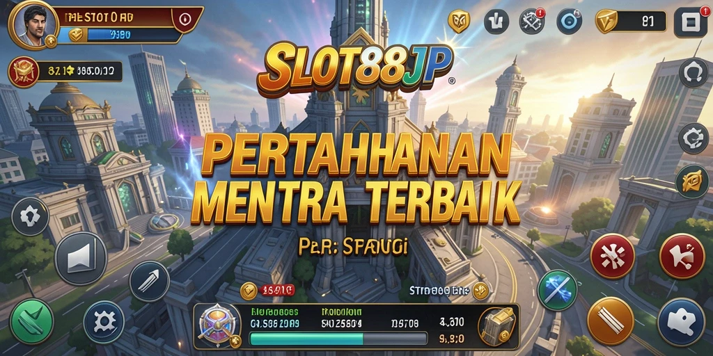 Screenshot utama SLOT88JP menampilkan aksi menara bertahan melawan gelombang musuh.