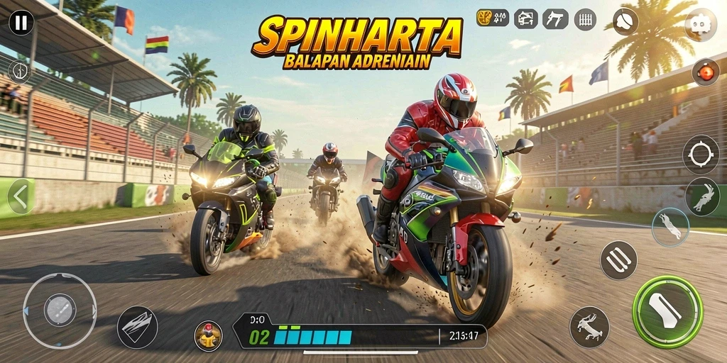 Tangkapan layar gameplay SPINHARTA dengan aksi balapan motor yang mendebarkan.